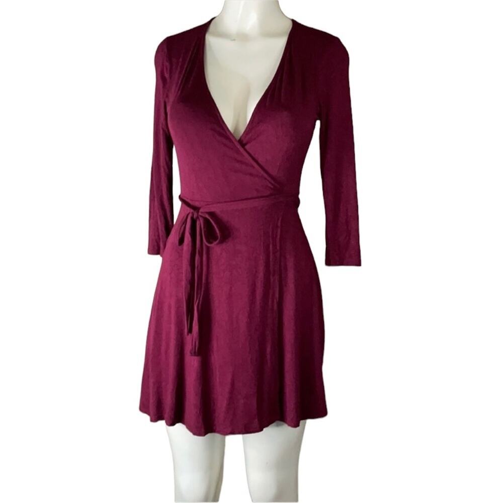 Lulus All At Once Burgundy Wrap Dress Crop Sleeves SZ Small
